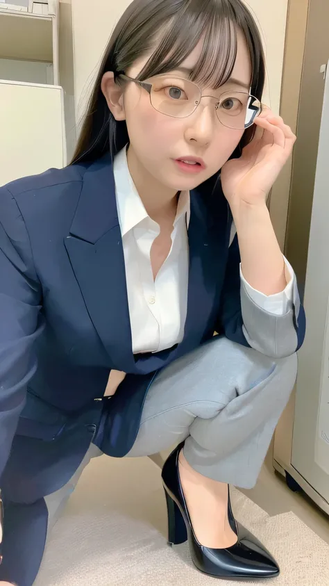 (nsfw:0.3),(  absurd:1.5),8k,(Detailed Photos:1.5),(Beautiful face and skin:1.3),( Super high-definition description :1.5),(Realistic:1.5), masterpiece, professional photography, Tokyo Office Lady, Glasses, Tailored Suits, blouse,  High Heels ,  Confused E...