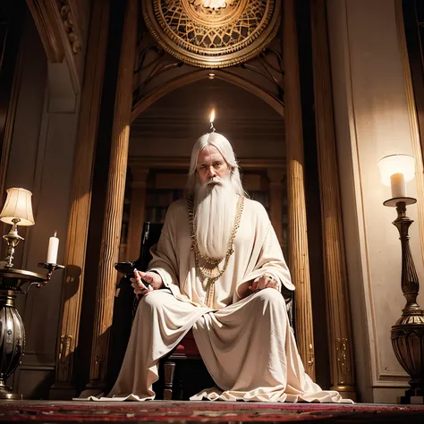  senior man sitting in an old chair in the library, Rolled up in a sheet, hermit, Marble statue, Dark Octane Render , Candle lamp lighting, Baroque, Europe, Mandala, Side view from below,  anatomically accurate , Super detailed