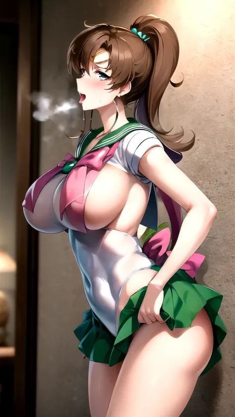 masterpiece, Best Quality,  high definition,  Sailor Jupiter 　1990s ( style ),、(Big Breasts)、Tall、 Sweaty All Over 、vapor、 1 male and 1 female 、(Cowgirl)、綺麗なBig Breasts、Nipple protrusion、 Wide Butts ,  sexy、 Happy Faces 、( that has been violently pistoned ...