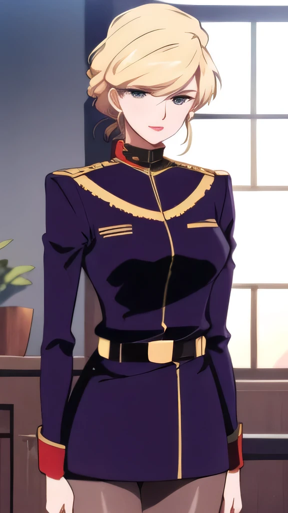 ( knight :1.7), Japan, Tokyo, Cityscape color, In front of the window,
military_uniform, pantyhose , a uniform with gold trims and a collar,shirt,belt,
Gold hair,green eyes ,lipstick, Front hair,hair_ good,
1 girl,...