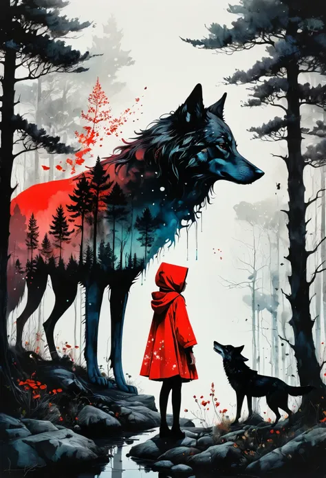 (Double exposure:1.3) effect of Little Red Riding Hood and the Wolf silhouette, superimposed against dark forest sky by Conrad Roset, Brandon well, Andreas Lie, Dan Mountford, Agnes Cecile, Jeremy Mann, oil and ink canvas, fine art, super dramatic light, p...