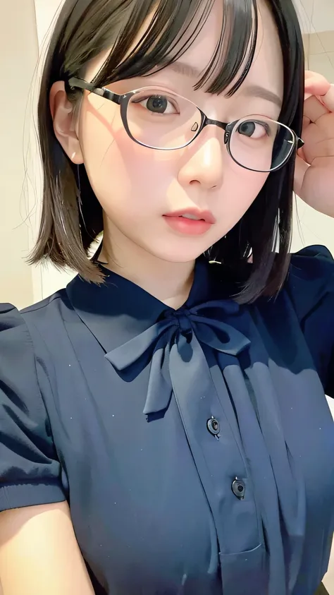 (nsfw:0.3),( absurd:1.5),8k,(Detailed Photos:1.5),(Beautiful face and skin:1.3),( Ultra high definition description :1.5),(Realistic:1.5), masterpiece, professional photoshoot, blouse with bow and lace, Glasses, Confused Expression