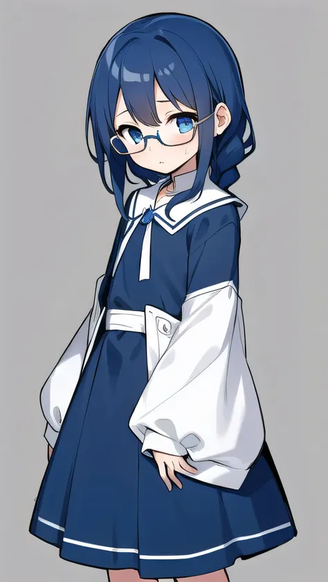 short, , blue hair, single braid, blue eyes, round eyes, shy, shy, , short, young face, short height, , glasses with no edges,flat chest,1girl，long hair，Long sleeves, cute clothes, fancy clothes, long skirts, 