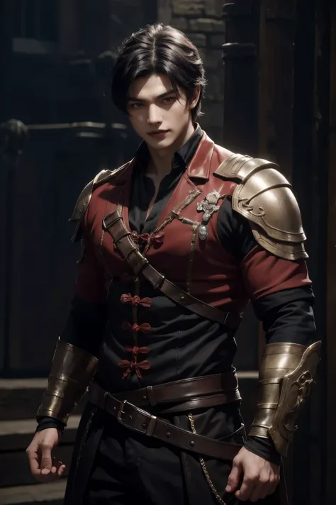 Unreal Engine, boy, idol, laugh, The upper body of the red pirate costume , Korean , Black Hair , black eye, Handsome, pretty, young, Medieval Background , comes out , Im lowering my hand , short hair , Sharp eyes, muscular body ...