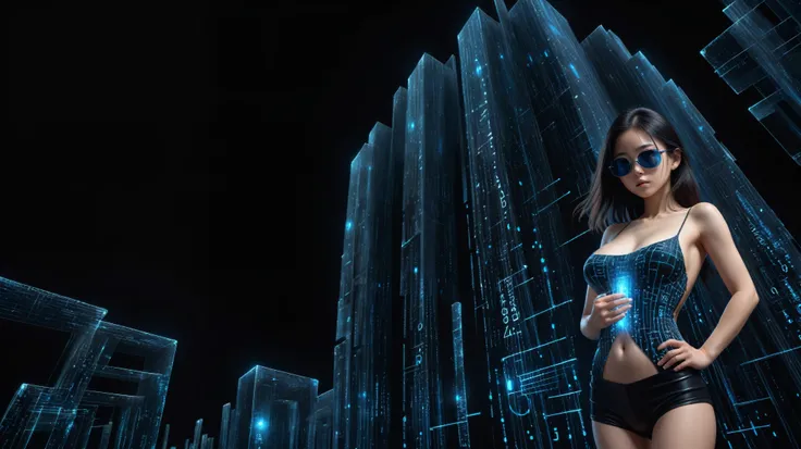 (Wide and low angle view). Ryoji Ikeda Style, High quality 3d background in matrix style, a simple outlined transparent maze mysterious city with a giant clock-like sci-fi glowing time travelling machine, all-glass galaxy-print cylinder pillars. Everything...