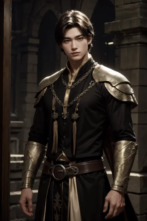 Unreal Engine, boy, idol, green medieval aristocrat costume, I can see my upper body , Korean , light black brown hair , brown eyes, handsome face, pretty face, Young, Medieval Background , Im lowering my hand , soft eyes, muscu...