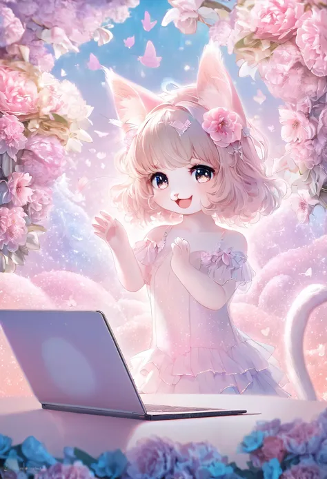 conceptual installation fantasy dream art, very cute, slim, white female cat virtual idol in a laptop computer, standing and singing while waving her hands, shy smile, pink flowers on her ears, cute Costumes, background is made with composite CG, fluffy ef...