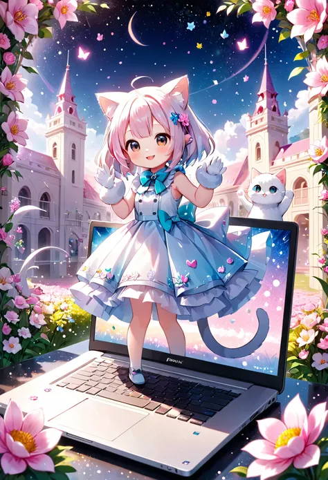 conceptual installation fantasy dream art, chibi, very cute, slim, white female cat virtual idol in a laptop computer, standing and singing while waving her hands, shy smile, pink flowers on her ears, cute Costumes, background is made with composite CG, fl...