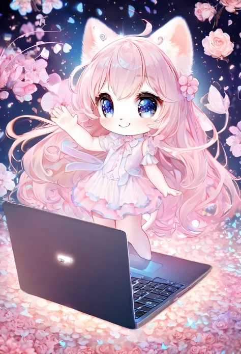 conceptual installation fantasy dream art, chibi, very cute, slim, white female cat virtual idol in a laptop computer, standing and singing while waving her hands, shy smile, pink flowers on her ears, cute Costumes, background is made with composite CG, fl...