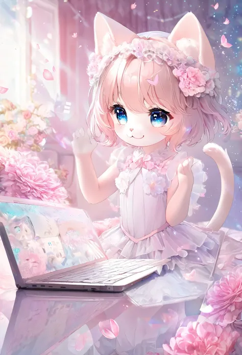 conceptual installation fantasy dream art, very cute, slim, white female cat virtual idol in a laptop computer, standing and singing while waving her hands, shy smile, pink flowers on her ears, cute Costumes, background is made with composite CG, fluffy ef...