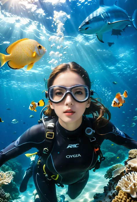  photorealistic 、Live-action version、 beautiful 20 year old woman with big eyes、 scuba diving、 black wetsuit、goggles、Oxygen mask、Underwater footage、Looking up at the surface of the sea from the bottom of the sea、 light pouring down、Beautiful 20-year-old wo...