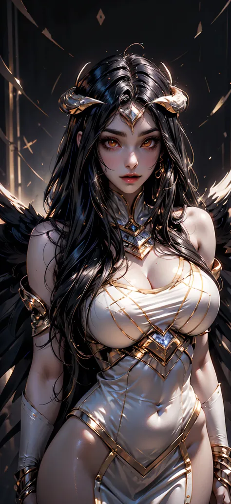 a (super realistic, 8k_resolution) beautiful sexy woman(albedo _overlord) with (orange_eyes with perfect_detailing) and white_at...