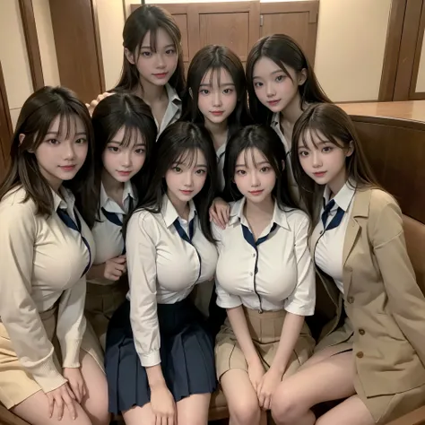 (masterpiece, best quality), (absurdres:1.2), (ultra detailed, 8K, ultra highres:1.2), (beautiful 4girls and handsome 4boys:1.3), young, slim, (cinematic composition), blush, happy smile, dramatic lighting, (short body, body), (group shot, gathered, frien...