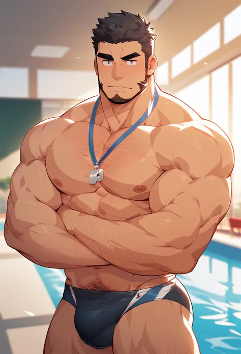 Masterpiece, Best quality, Japanese, Male, Muscular, Beefy, Short hair, Black hair, Thick eyebrows, School pool, Physical education teacher, Whistle, Mens swimwear, Bulge, Hairy, Topless, Teacher and student, Hug