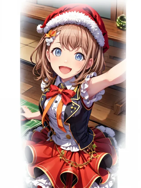 iom, hanasato minori, idol uniform, frilly dress, festive atmosphere, inviting the viewer, smile, open mouth, :d