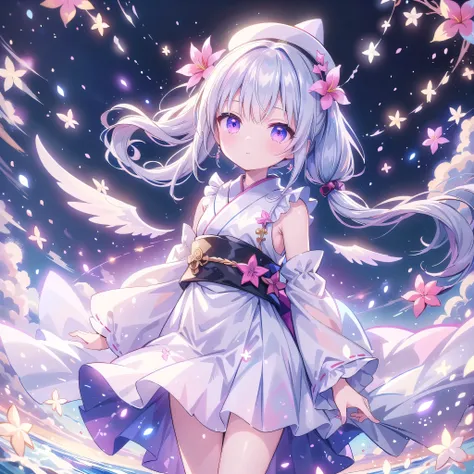 1girl,(((The best composition、Best Quality、 masterpiece、Super detailed、 high definition、 perfect anatomy )))、Goth Kimono、Shoulders out、Hem with lots of frills 、Mini length、Kaminoke Twintail、Starの妖精、 translucent angel wings growing from the waist、hairpin、Re...