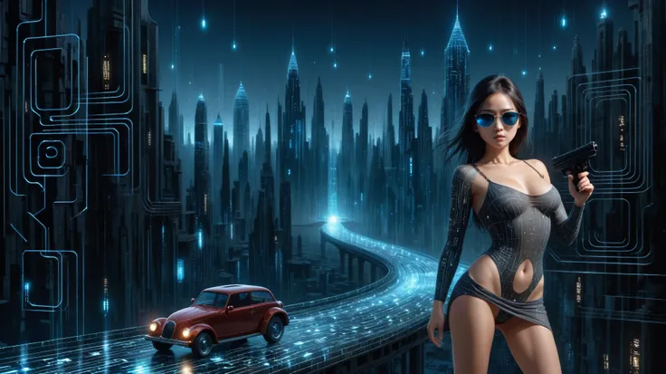 (Wide and aerial view). Ryoji Ikeda Style, High quality 3d background in matrix style, a simple outlined transparent maze mysterious city with a sci-fi glowing giant clock tower as time travelling machine, all-glass galaxy-print buildings, bridge, (((flyin...