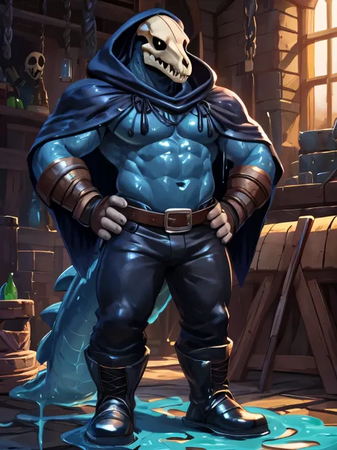 solo, anthro, slime anthro, slime reptile, crocodile skull, humanoid skeleton, dark blue, blacksmith outfit appron, blacksmithin...