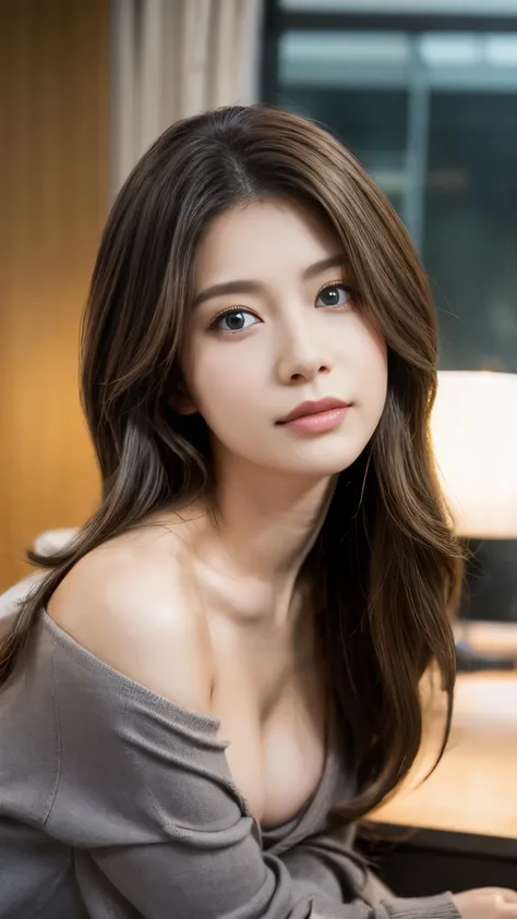 Skintight Black Top:1.2, View your viewers, Cinema Lighting, perfection, Soft Light, High Resolution Skins:1.2, Realistic skin texture, 25 year old mature woman、office worker, Leather jacket, Small Face、No makeup、, Off the shoulder, Bust H cup、 Exposed cle...