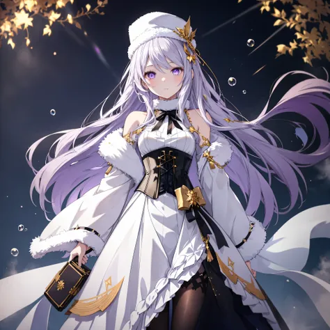 Create an anime-style character of a beautiful young woman with long, flowing silver hair and captivating purple eyes. She is wearing a winter-themed outfit with a fluffy, white, fur-lined dress and matching hat. The dress has intricate black and gold deta...
