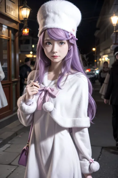 1girl,anastasia hoshin, long hair, blue eyes, purple hair, swept bangs,hair ornament, long sleeves, hat, dress, bow, star (symbol), white dress, fur trim, white headwear, pink bow, pom pom (clothes), star hair ornament..