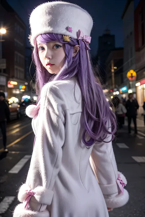 1girl,anastasia hoshin, long hair, blue eyes, purple hair, swept bangs,hair ornament, long sleeves, hat, dress, bow, star (symbol), white dress, fur trim, white headwear, pink bow, pom pom (clothes), star hair ornament..