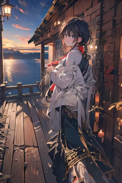 (masterpiece:1.3),(best quality:1.3),(high resolution:1.2),8k,full moon night。lake hut wood deck 。 a beautiful girl with dark ha...