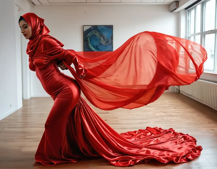 A woman shrouded in a 8-meter-long, plush red transparent satin cloth, slim body with big breast,tightly bound and grandly draping along the form of her body, flowing off into a pooled floor-length train, styled in a mermaid-inspired outfit, her head modes...