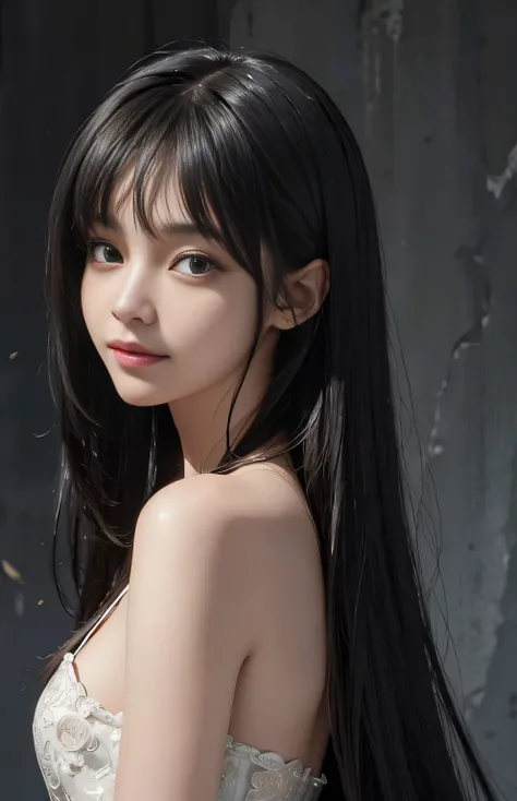 (surreal), (shape), (Improved resolution), (8k), (very detailed), (Best shape), (beautiful and detailed eyes), (highest quality), (Super detailed), (masterpiece ), ( wallpaper), (detailed face), 1 girl, , white dress, Large and loose chest, looking at the ...