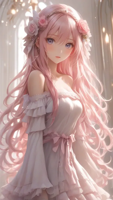 masterpiece,extremely best quality, official art, cg 8k wallpaper, (Fantasy Style:1.1), (artistic atmosphere:1.2),(full body:1.4), (Korean style:1.3), (nsfw, seductively charming:1.5),
(1 woman, 20 years old, long pink hair:1.2),
(bare shoulders:1.5),(see-...