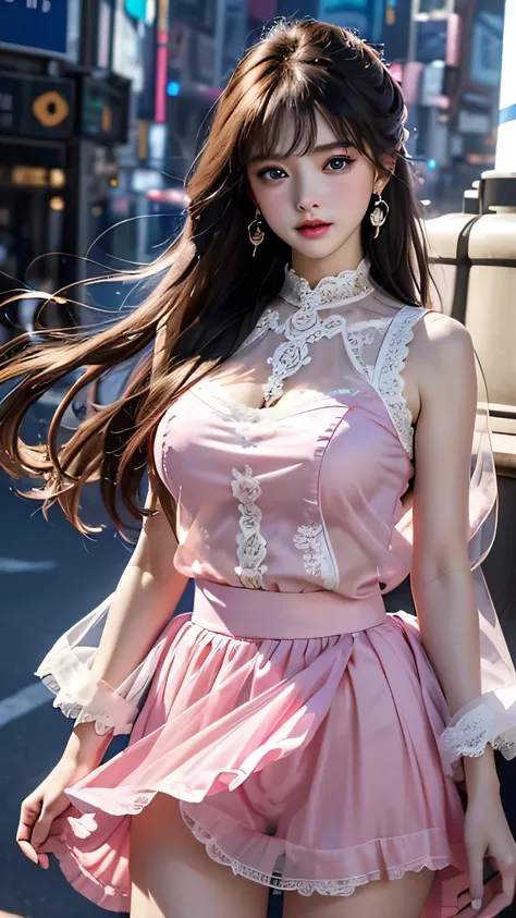 (New York Cityscape)、Highest quality、masterpiece、Ultra-high resolution、reality、Portrait、Elegant mature woman、blue eyes、Long Hair、Side bangs、(Translucent pink dress、mini skirt)、4K resolution、High-quality CG、Feminine pose、Fair、（The wind blows up my skirt）,(L...