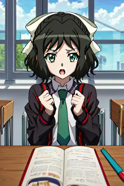 Best Quality, masterpiece,  high definition, Alone, {小day向_Miku_ Senki Zesshou Symphogear :1.15}, short_hair, black_hair, green_eye, bow, ribbon, hair_bow, hair_ribbon,  1 girl, cloud, School_uniform, null, tie, red_tie, Anime_Coloring, day, open_mouth