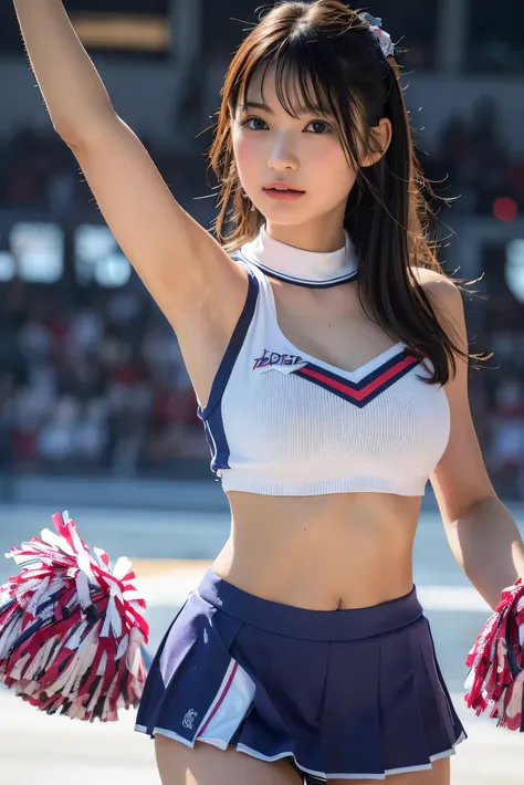 ((Best Quality, 8k, masterpiece: 1.3)), sharp: 1.2,  perfect body beauty : 1.4,  slim abs : 1.2, (whole body: 1.2), (Tight off-the-shoulder see-through), ( under bust: 1.1), ,((cheerleader uniform:1.3)),cute Japanese,cheerleader,((  upper body:1.3)),print ...