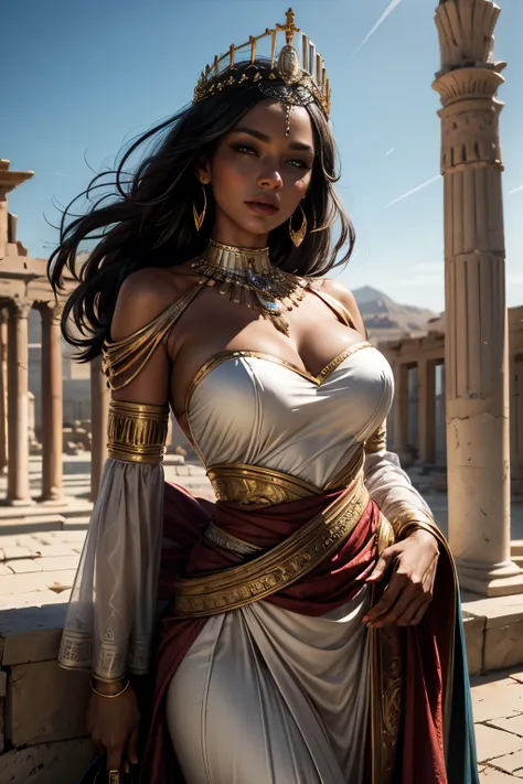 depict zenobia, queen of the east, against the backdrop of ancient palmyra. she is renowned for her beauty, with dark skin and p...