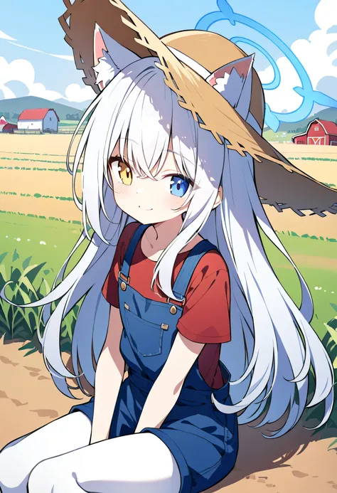 Blue Halo, White hair ,Long hair,Cat ears,Heterochromia( Blue and Yellow), flat chest , white pantyhose, alone ,Smile,blue overalls ,red t-shirt ,farm,straw hat,Sitting,Flat ground