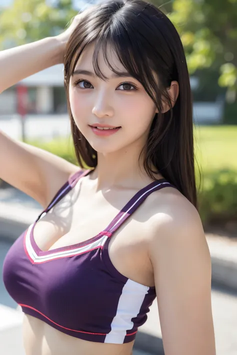 ((Best Quality, 8k, masterpiece: 1.3)), sharp: 1.2,  perfect body beauty : 1.4,  Slim Abs : 1.2, (whole body: 1.2), (Tight off-the-shoulder see-through), ( under bust: 1.1), ,cheerleader uniform,cute Japanese,cheerleader,((  upper body:1.3)),print {black|P...