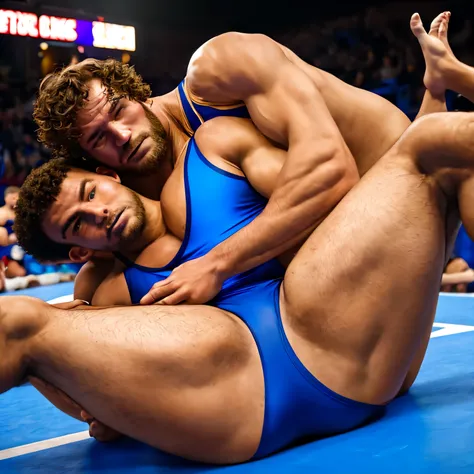 there are two men wrestling on a wrestling mat one is in a blue bikini, his legs spread apart, tickle fight in the death tent, h...