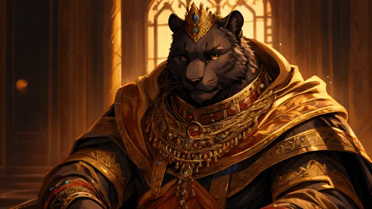 style influences: baroque, with elements of romanticism. anthro panther create a realistic portrait of a young king wearing a go...