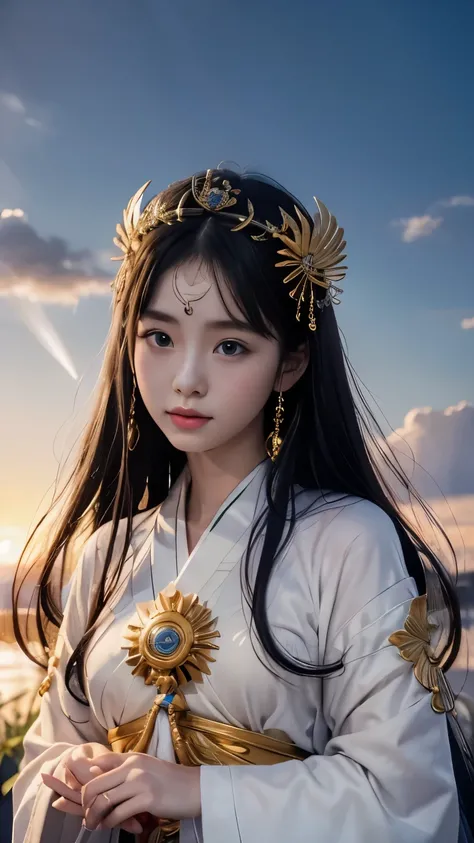 beautiful fantastic empress shape woman on sun background,A woman wearing a white dress and a crown,beautiful goddess figure of Japan, Black hair shining like the sun,(Amaterasu Oomikami, Sun Goddess),Sailor Galaxia. beautiful,Ancient Japanese Goddess Stat...