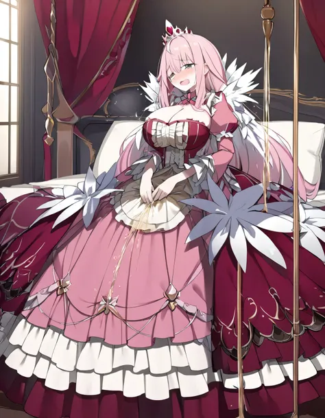 ( 1 with huge breasts,Queen wearing a gorgeous pink and red Rococo long sleeve dress), delicate face and eyes ,whole body, Queen lying on bed having sex,Emotionally sad ,blush,cry,A lot of tears in the eyes , open mouth , looking at the audience ,Hands tou...
