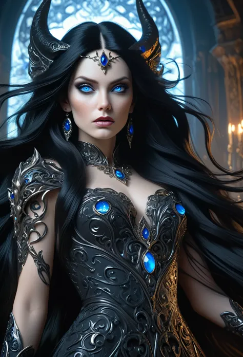 a beautiful demon queen with long black hair and piercing blue eyes, looking up with an intense gaze, highly detailed, masterpiece, best quality, photorealistic, 8k, cinematic lighting, dramatic shadows, fantasy, dark ethereal beauty, intricate ornate deta...