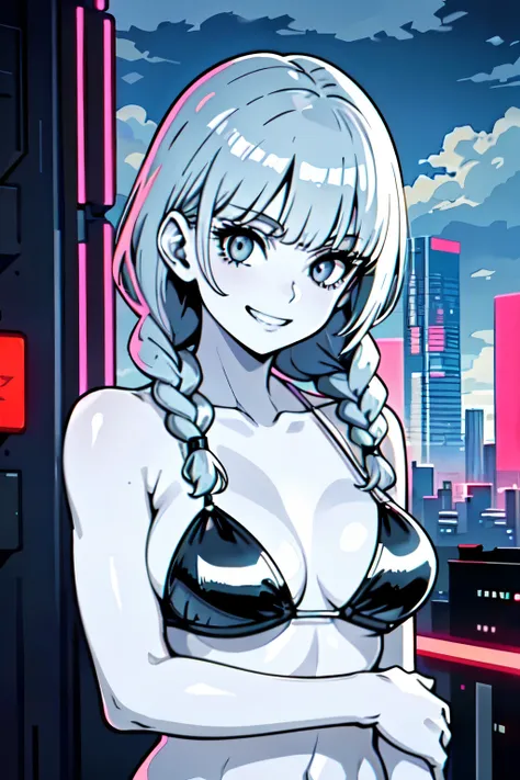 best quality, masterpiece, 1girl, grin, (pale skin:1.2), (upper body:1.3), silver braids hair with bangs, medium breast, (silver bikini:1.2), hands down, cyberpunk city, bayside, clouds, solitude