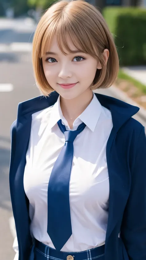  table top、Best Quality、  very detailed、 high definition、8K wallpaper、 perfect dynamic configuration,、delicate beautiful eyes、schoolgirl, tits、Beautiful breasts、(Big Breasts:1.3) 、Blue blazer、 white shirt 、Stop the button on the shirt、 red tie、 teenage gir...