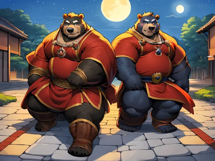  Two bears are standing in the middle of the street,  anthropomorphic samurai bear , Moon bear Samurai , Rob Rey and Kentarõ Miura , Ross Tran und Michael Whelan,  official concept art , Rob Rey and Kentarõ Miura  style,  black bear fighter ,  rob rey and ...