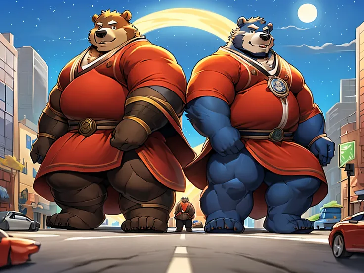  Two bears standing in the middle of the street, Anthropomorphic Samurai Bear, Moon bear Samurai , Rob Rey and Kentarõ Miura, Ross Tran und Michael Whelan,  official concept art , Rob Rey and Kentarõ Miura style,  black bear fighter ,  rob rey and Kentaro ...