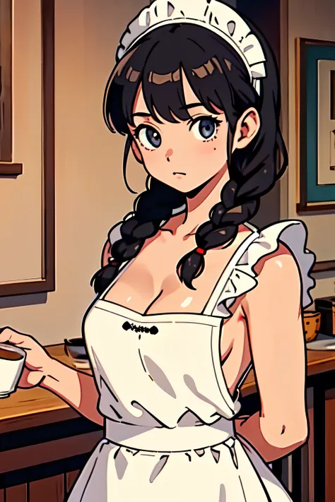 best quality, masterpiece, 1girl, (upper body:1.3), braids hair with bangs, small breast, (apron, cleavage:1.2), hands down, cafe