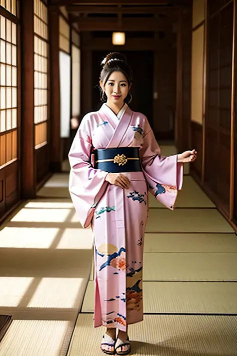 the empress of Japan during the Sengoku period ,Age 35, model body type,Big Breasts, is leggy, in the large hall inside the castle, wearing a kimono with a picture of a dragon on it {x} Wearing a gorgeous kimono , standing in a large hall inside a Ja...
