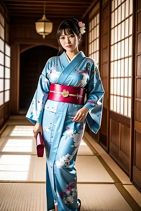the empress of Japan during the Sengoku period ,Age 35, model body type,Big Breasts, is leggy, in the large hall inside the castle, wearing a kimono with a picture of a dragon on it {x} Wearing a gorgeous kimono , standing in a large hall inside a Ja...