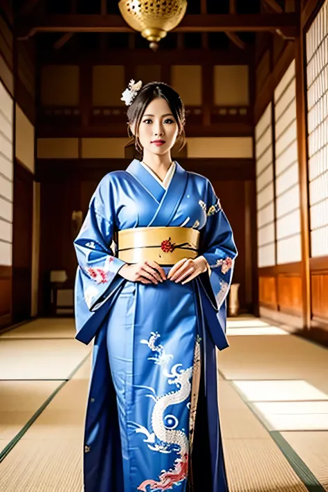 the empress of Japan during the Sengoku period ,Age 35, model body type,Big Breasts, is leggy, in the large hall inside the castle, wearing a kimono with a picture of a dragon on it {x} Wearing a gorgeous kimono , standing in a large hall inside a Ja...
