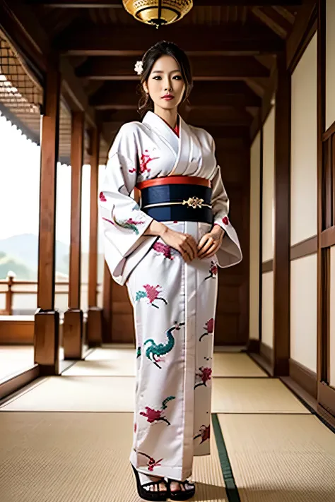the empress of Japan during the Sengoku period ,Age 35, model body type,Big Breasts, is leggy, in the large hall inside the castle, wearing a kimono with a picture of a dragon on it {x} Wearing a gorgeous kimono , standing in a large hall inside a Ja...